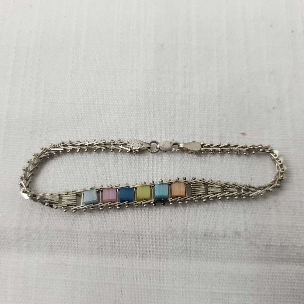 Vintage Silver 925 Pastel Multi Color Stone Flexible Bracelet
